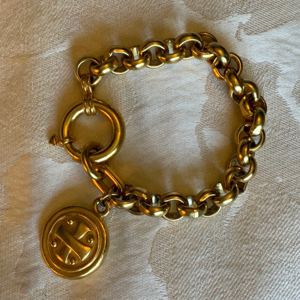 Heavy Gold-plated Chain Bracelet with Large Gold Disk and Medieval Cross Patten